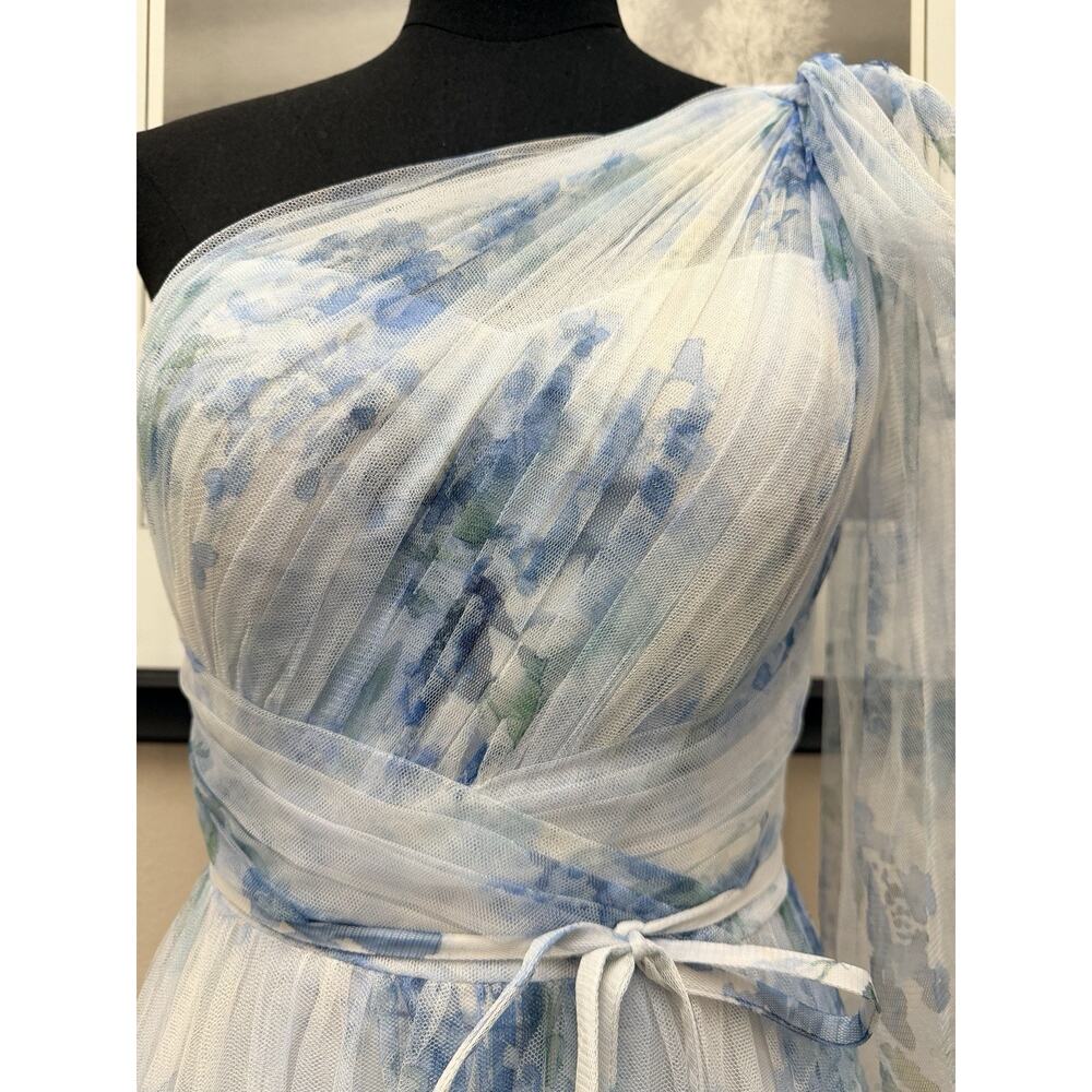 Marchesa Notte Blue Floral Dress One Shoulder Chiffon Bridesmaid Gown Sz 4 - Picture 8 of 13